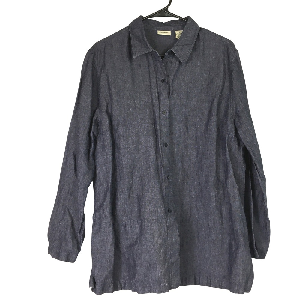 Crossroads Linen Cotton Blend Button Down Shirt XL Dark Blue Long Sleeve Top